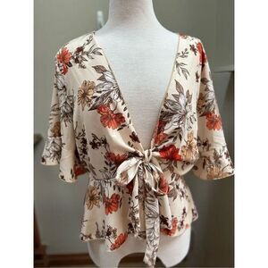 Shein 1X (fits like L) tie front polyester cream earth tone floral peplum overla